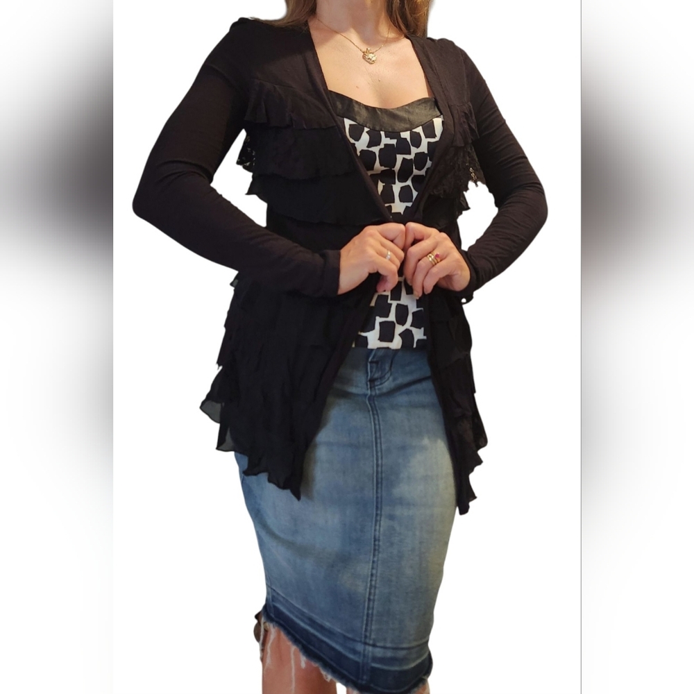 Open Front Ruffled Cardigan Womens Small Black‎ Layered Lace Whimsygoth Witchy